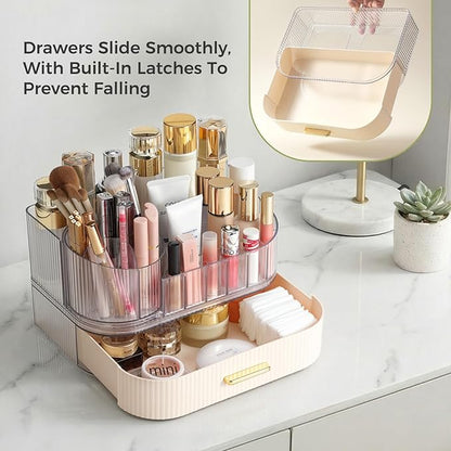 Delamu Makeup Organizer for Vanity with Stackable Drawer, 360 Rotating Makeup Brush Holder, Large Cosmetic Organizer with Tiered Storage for Skincare, Lipstick, Eyeshadow Brushes, Perfume, White