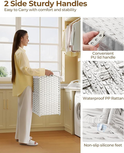 Greenstell Laundry Hamper with Lid, 125L Laundry Basket with 2 Removable Liner Bags & 2 Mesh Bags, Handwoven Synthetic Rattan Clothes Hamper for Clothes, Toys in Bathroom, Bedroom, Foldable, White