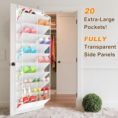 UVIAHOMI 20-30 Pairs Over the Door Shoe Organizer, Clear Pockets Hanging Shoe Storage for Closet, 10-Tier Door Shoes Rack, Handing Shoes Holder Fit All the Family's Sneakers, Boots, Heels, White