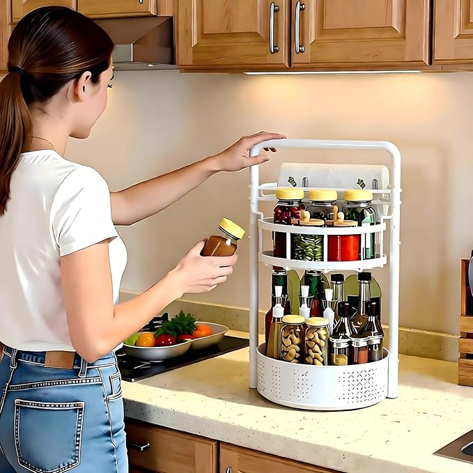 JEESA Rotating Spice Rack with Paper Towel Holder, 2 Tier Lazy Susan for Spices, Sturdy Iron Seasoning Organizer for Kitchen Countertop, White