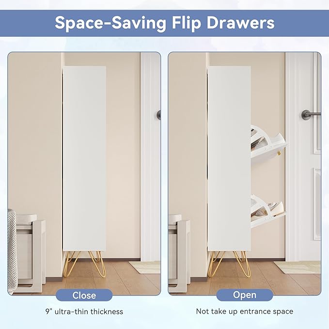 Fluted Shoe Cabinet Storage for Entryway, 39'' Large White Shoe Organizer with 2 Flip Drawers & Open Shelf, Freestanding Hidden Shoe Storage Cabinet