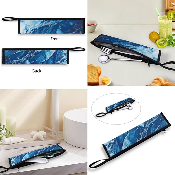 COEQINE Blue Marble Kitchen Utensil Holder Moder Marble Print Fork Spoon Knife Organizer For Party Portable Flatware Storage Case With Handles Leafproof Machine Washable