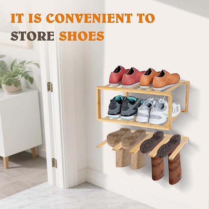 Boot Hangers Hanging Shoe Rack Wall Mounted Floating Tall Boot Holder, Bamboo Wader Organizer 3-Tier Display Shoe Rack, Holds 6 Pairs, for Entryway, Hallway, Bedroom, Garage