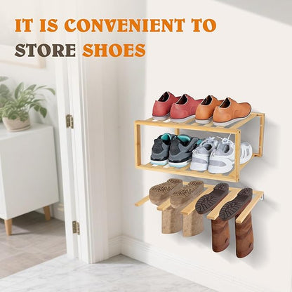 Boot Hangers Hanging Shoe Rack Wall Mounted Floating Tall Boot Holder, Bamboo Wader Organizer 3-Tier Display Shoe Rack, Holds 6 Pairs, for Entryway, Hallway, Bedroom, Garage