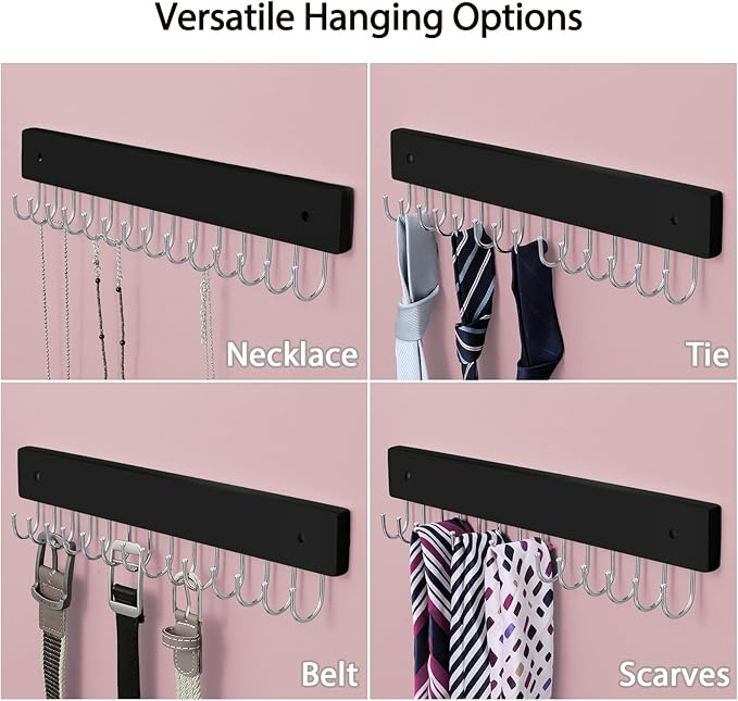 SCUNDA Wall Mounted Necklace Holder, Classic Style Necklace Holder, Tangle-Free Wall Jewelry Organizer with 28 Hooks(2 Packs,Black)