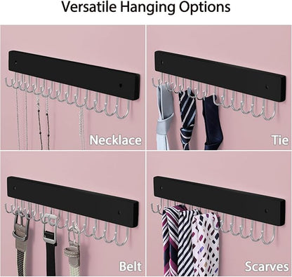 SCUNDA Wall Mounted Necklace Holder, Classic Style Necklace Holder, Tangle-Free Wall Jewelry Organizer with 28 Hooks(2 Packs,Black)