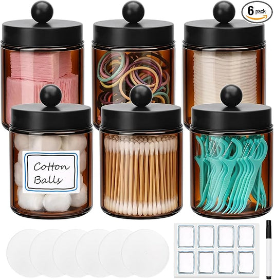 Accguan Amber Apothecary Jars Bathroom Vanity Storage Organizer Set, 6 Pack with Black Stainless Steel Lids and Labels, Qtip Dispenser Holder for Cotton Swabs, Cotton Balls, Makeup Sponges