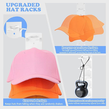 Hat Organizer for Baseball Caps, 2 Pack Hat Rack for Wall Hold up to 18 Hats Strong Adhesive Hat Hooks Stand Multilayer Hat Hanger Organizer Storage Holder Display for Door Closet Bedroom（White)