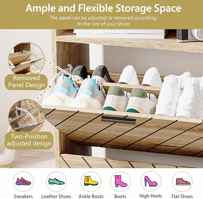 Shoe Cabinet for Entryway,Large Shoe Storage Cabinet with 4 Flip Drawer,Narrow Shoe Organizer Rack with Open Storage Shelf for Hallway,Closet