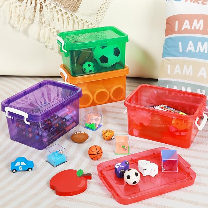 6 Pack 4 Quart Colorful Plastic Storage Bins with Lids Stackable Storage Bins with Latching Lids Handle Clear Colored Storage Organizer Bins for Toy Classroom Home Office Pantry Containers(6 Colors)