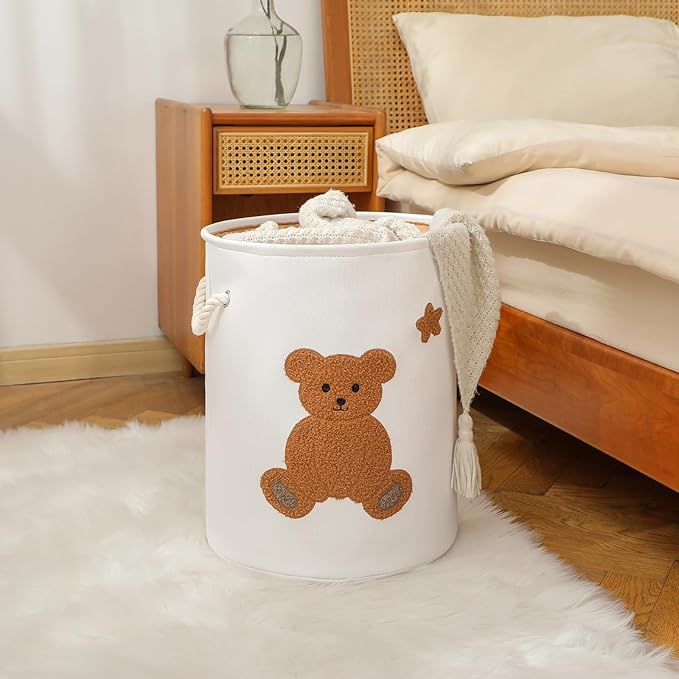 Kids Laundry Basket Nursery Hamper Baby Laundry Basket Stuffed Animal Toys Storage Baskets for Toddler Room Decor, Dirty Clothes Hampers with Drawstring Closure for Bedroom/Living Room/Nursery, Bear