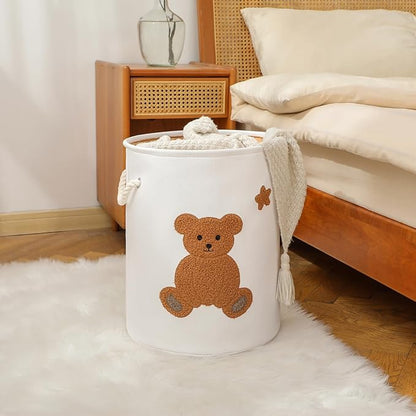 Kids Laundry Basket Nursery Hamper Baby Laundry Basket Stuffed Animal Toys Storage Baskets for Toddler Room Decor, Dirty Clothes Hampers with Drawstring Closure for Bedroom/Living Room/Nursery, Bear