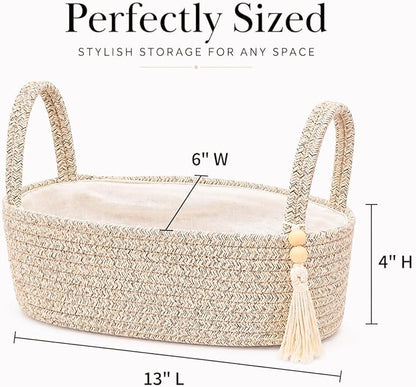 ABenkle Small Storage Basket, Jute Rope Woven Toilet Paper Tray Organizer for Toilet Tank Top, Boho Bathroom Decor Holder for Shelf Bedroom Living Room -13x6x4 Inches