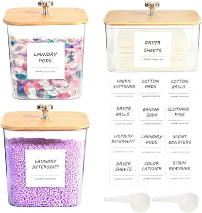 3 Pack Laundry Room Organization Storage Containers, Plastic Clear Laundry Pods Container & Dryer Sheet Holder Jars with Lids, Scoops & Labels for Detergent, Powder, Dryer Balls, Beads