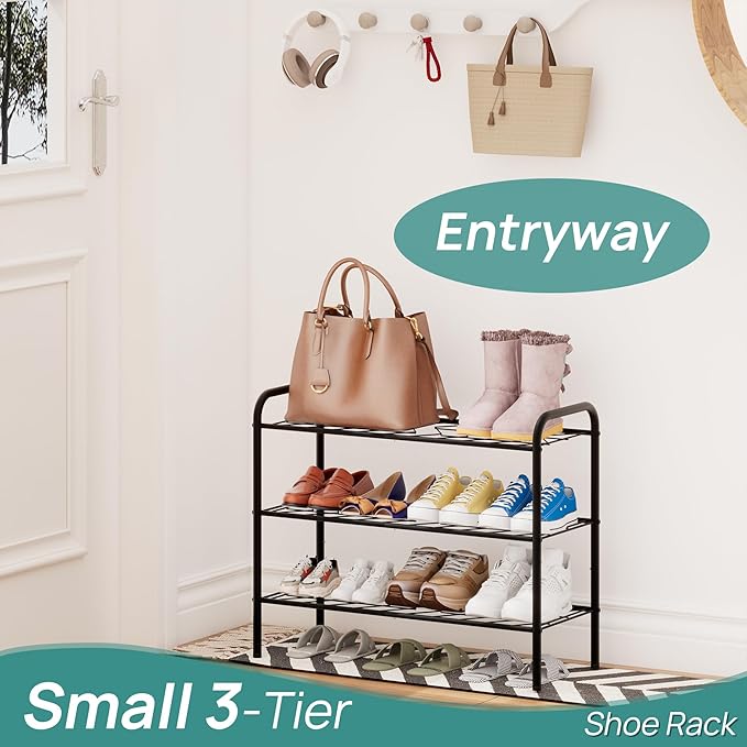 viewcare Shoe Rack for Closet, 3-Tier Small Shoe Rack for Entryway & Garage, Sturdy Metal Construction, Shoe Organizer Holds 6-9 Pairs