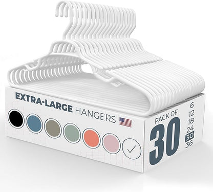 Large & Wide Heavy Duty Clothes Hangers 30 Pack – Made in USA – Ideal for Plus Size Clothing – 10lb Plastic Hangers with Notches for Oversized Adult Coats & Pants – White