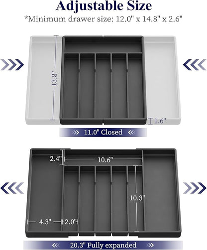 Kitsure Silverware Organizer for Drawers - Expandable Cutlery and Utensil Drawer Organizer with Easy Maintenance, Premium PP Kitchen Organizers and Storage for Flatware, Black, 20.3" x 13.8" x 1.6"