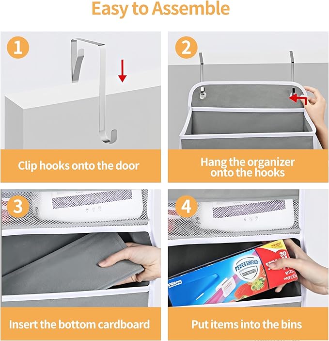 Over the Door Organizer, Door Storage Organizer with Large Capacity Pockets, Hanging Shelves for Bedroom, Closet, Dorm, Pantry (Grey, 4-Tier)