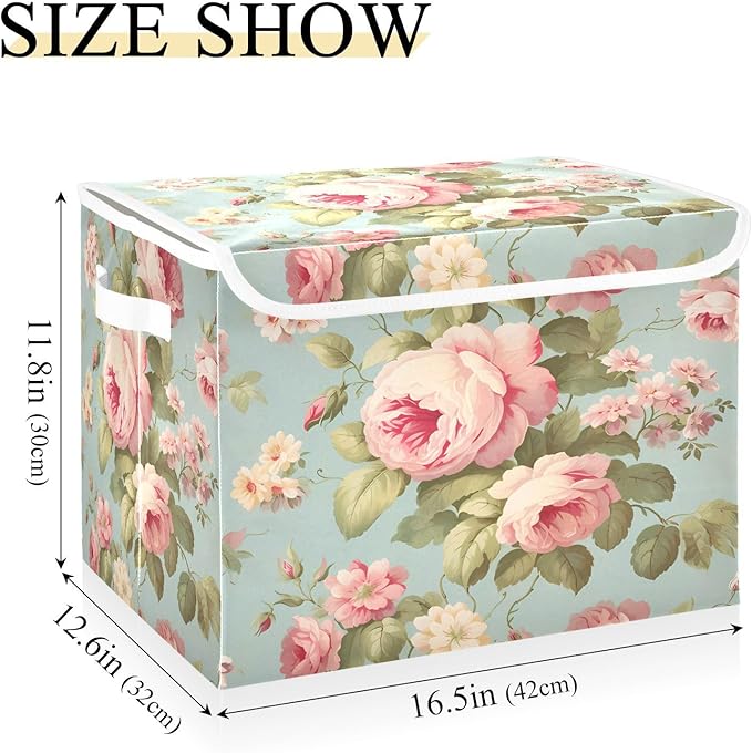 senya Flower Baskets Collapsible Storage Bins with Lids, Vintage Pink Rose Flower Storage Boxes Clothes Baskets for Organizing, B06D22020