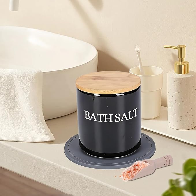 29oz Airtight Ceramic Bath Salt Jar Set - with Wooden Lid, Scoop & Anti-Slip Mat, Opaque Bathroom Storage Organization for Epsom Salt, Spa & Bath Bombs, Black-S