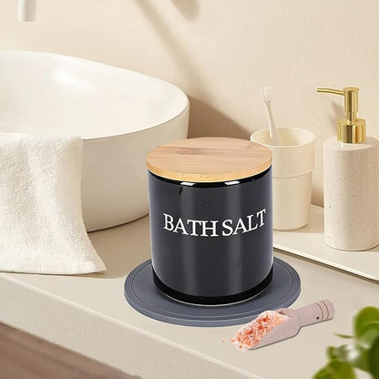 29oz Airtight Ceramic Bath Salt Jar Set - with Wooden Lid, Scoop & Anti-Slip Mat, Opaque Bathroom Storage Organization for Epsom Salt, Spa & Bath Bombs, Black-S
