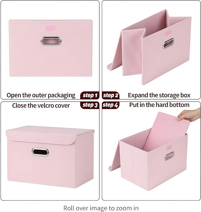 STOREONE Fabric Storage Cube Bins Foldable Organizer Container Collapsible Basket with Lids and Metal Handles, for Home, Bedroom, Closet 3 Pcs (multicolour-light pink)