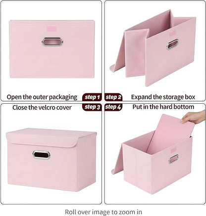STOREONE Fabric Storage Cube Bins Foldable Organizer Container Collapsible Basket with Lids and Metal Handles, for Home, Bedroom, Closet 3 Pcs (multicolour-light pink)