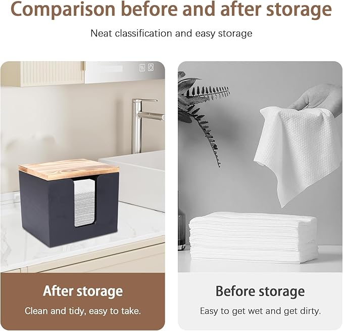 Disposable Face Towel Holder,Acrylic Facial Towel Holder Box with Wooden Lid,Square Face Towels Container,Clean Skin Club Fac e Towels Holder,for Bathroom Countertop,Vanity Makeup（Black）
