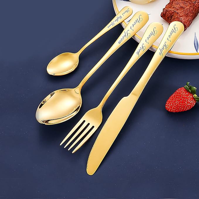 Custom Engraved Cutlery,Customized Tableware Set With Gift box, Personalized Lettering Name Fork/Knife/Spoon Stainless Steel Cutlery, Customized Gifts For Mama Nana Papa. (Gold)