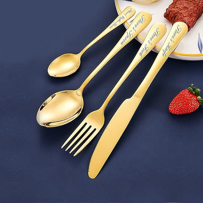 Custom Engraved Cutlery,Customized Tableware Set With Gift box, Personalized Lettering Name Fork/Knife/Spoon Stainless Steel Cutlery, Customized Gifts For Mama Nana Papa. (Gold)