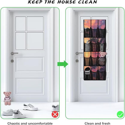 Tropical Trees Space Saving Hanging Shoe Organizer,Entryway Bedroom Bathroom Storage Bags with 12 Mesh Large Pockets,Unique Print