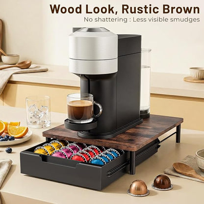 Coffee Pod Drawer Organizer for Nespresso Vertuo, Patented Flexible Slot Design Holds Up to 40 Large Capsules, Rustic Wood Look, Fits Under Coffee Machines