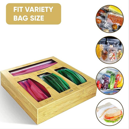 Bamboo Food Bag Storage Organizer for Kitchen Drawer, Baggie Holder for Solimo, Glad, Hefty Gallon, Quart, Sandwich and Snack Variety Size Bags (1 Box 4 Slots)