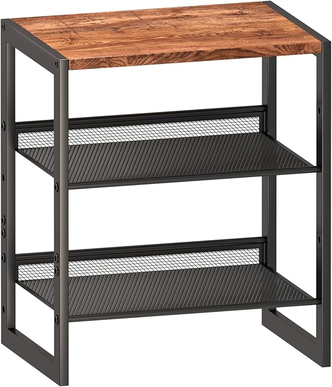 3 Tier Metal Shoe Rack, Sturdy Steel Frame with Rust-Proof Coating, MDF Top, Adjustable Flat Inclined Mesh Shelves, Anti-Tip Scratch-Resistant Feet, Sleek Show Rack for Entryway, Hallway, Garage