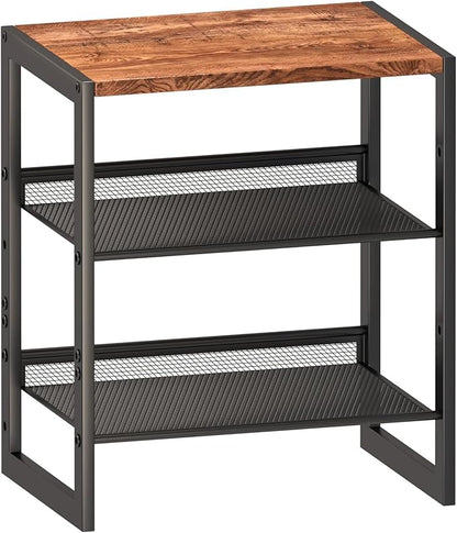 3 Tier Metal Shoe Rack, Sturdy Steel Frame with Rust-Proof Coating, MDF Top, Adjustable Flat Inclined Mesh Shelves, Anti-Tip Scratch-Resistant Feet, Sleek Show Rack for Entryway, Hallway, Garage