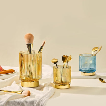 Makeup Brush Holder Organizer,Toothbrush Holders,Desk Pen Pencil Holder,Multifunctional Vintage Glass Brush Cup（S+L/Milky White/A3-5-US）