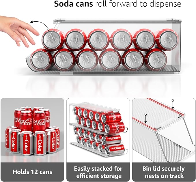 Sorbus Soda Can Organizer for Refrigerator & Egg Holder for Fridge Set, 1 Stackable Can Holder Dispenser Holds 12 Cans Each & 1 Egg Holders with Lid holds 14 eggs for Fridge, Pantry, Freezer, BPA-Free