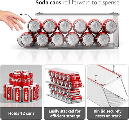 Sorbus Soda Can Organizer for Refrigerator & Egg Holder for Fridge Set, 4 Stackable Can Holder Dispenser Holds 12 Cans Each & 2 Egg Holders with Lid holds 14 eggs for Fridge, Pantry, Freezer, BPA-Free