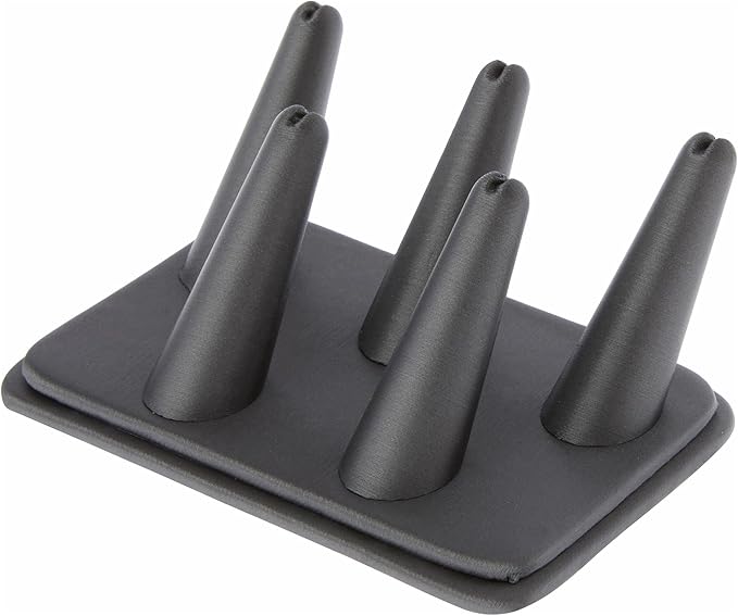 Plymor Gray Faux Leather Ring Finger Display, Five on Rectangular Base, 5.25" W x 3.625" D x 2.25" H
