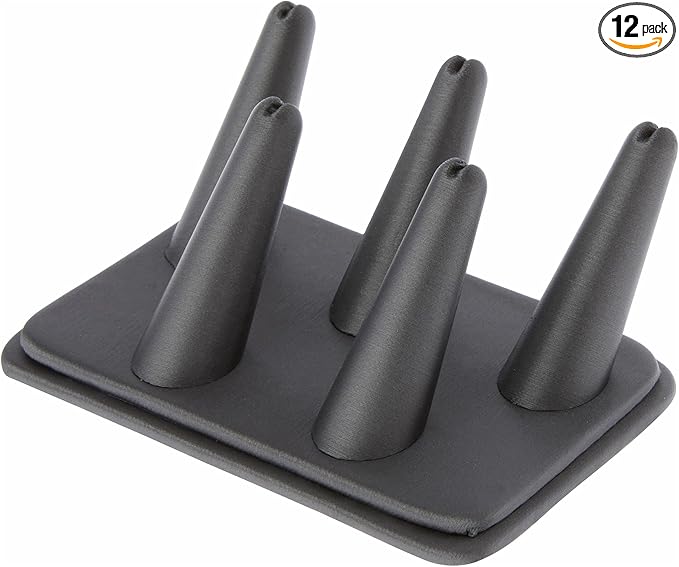 Plymor Gray Faux Leather Ring Finger Display, Five on Rectangular Base, 5.25" W x 3.625" D x 2.25" H (Pack of 12)