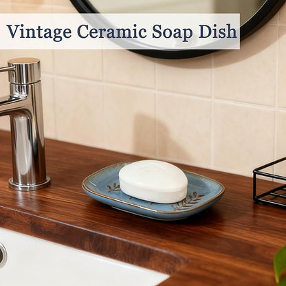 HighHerz Aesthetic Ceramic Soap Dish for Shower, Soap Holder with Raised Relief, Shower Soap Dish for Shampoo Bar Or Sponge, Soap Saver for Bathroom, Kitchen, Sink, Decorative Soap Tray (Blue)