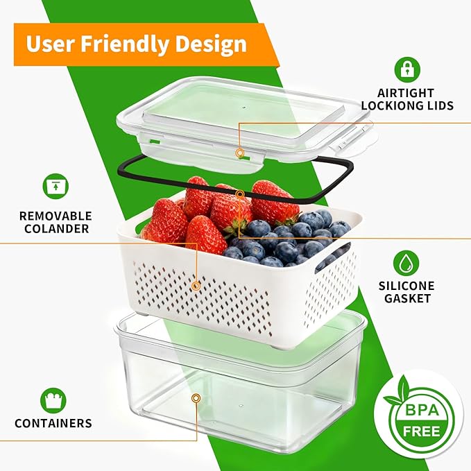 PRAKI 5-Pack Large Fruit Storage Containers for Fridge with Removable Colander, 2 in 1 Produce Storage Containers, BPA-Free Fridge Organizers and Storage Keep Fruits, Vegetables, Berry Fresh Longer