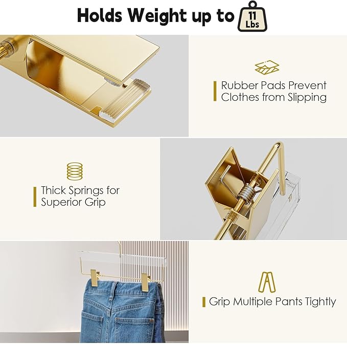Acrylic Gold Pants Hangers with Adjustable Clips 30 Pack, Non-Slip Skirt Hanger for Women, Heavy Duty Space-Saving Clothes Organizer for Trousers, Coats, Jeans, Adults & Kids