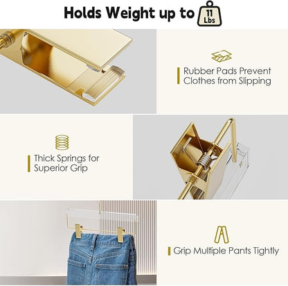 Acrylic Gold Pants Hangers with Adjustable Clips 30 Pack, Non-Slip Skirt Hanger for Women, Heavy Duty Space-Saving Clothes Organizer for Trousers, Coats, Jeans, Adults & Kids