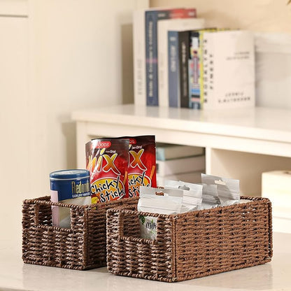 Vagusicc Wicker Storage Basket, Set of 2 Hand-Woven Paper Rope Wicker Basket, Small Storage Baskets for Organizing Toilet Paper Basket, Foldable Large Cube Storage Organizer Bins for Shelves (Brown)