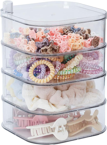 FABROK 4-Layer Girls Hair Tie Organizer, Rotating Hair Accessories Storage Holder for Vanity and Bathroom, Clear Plastic Container for Women Makeup Tools, Skincare Products