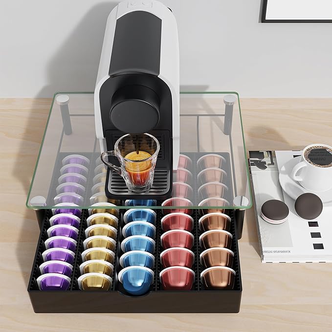 Coffee Pod Drawer Organizer with Tempered Glass Lid (Transparent Glass)