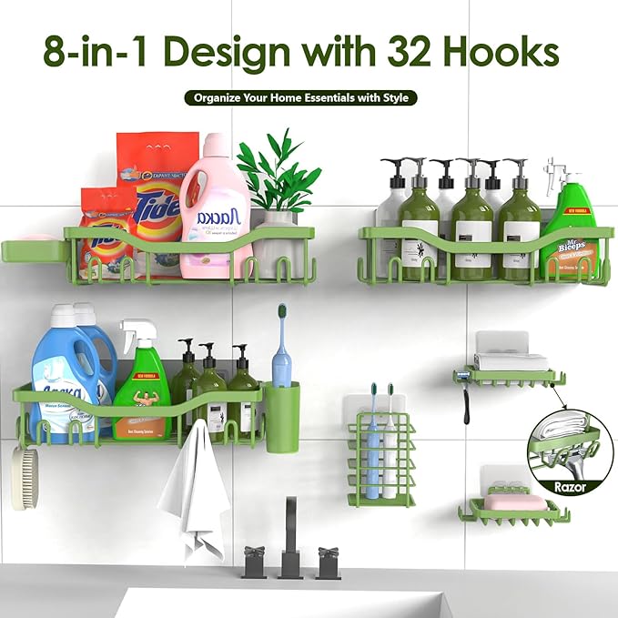 NESOMI Shower Caddy Adhesive Shower Organizer 8-Pack, Rustproof Stainless Steel Bathroom Shelves, Large Capacity No-Drill Rack Storage Accessories with Soap Dish Toothbrush Holder Hooks