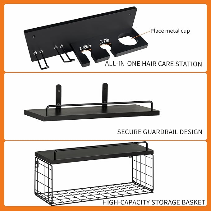 3-Tier Bathroom Floating Shelves with Curling Iron Holder & Hair Tool Organizer, Wall Mounted Rustic Wood Storage Rack Over Toilet with Hair Dryer Holder for Bathroom Decor & Organization