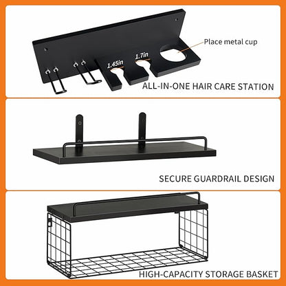 3-Tier Bathroom Floating Shelves with Curling Iron Holder & Hair Tool Organizer, Wall Mounted Rustic Wood Storage Rack Over Toilet with Hair Dryer Holder for Bathroom Decor & Organization